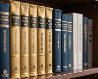 A bookshelf filled with financial planning and business books in a professional North American study, with a focus on gold and navy spines.