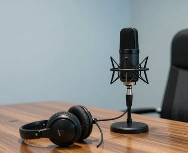 A high-end North American office interior with a microphone and headphones on a mahogany desk, suggesting a professional podcast setting with pale blue walls.