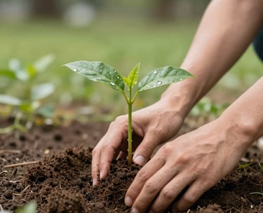 A close-up of hands planting a young sapling into rich soil, soft daylight, professional photography in an international park setting, conveying environmental responsibility and growth.
