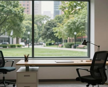 A clean, minimalist workspace with a large window showing a green urban park, professional and progressive atmosphere, soft light, North American setting.