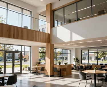 A professional wide-angle shot of a modern community center interior in a North American suburb, featuring clean lines, light wood accents, and natural sunlight, emphasizing architectural progress.