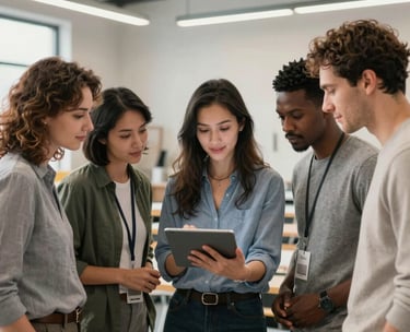 A diverse group of adults in a bright, modern North American workshop space looking at a digital tablet together, professional and collaborative atmosphere, clean composition.