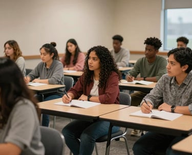 A diverse North American / US classroom setting with adult students engaged in a learning workshop, warm lighting, modern furniture, representing empowerment through education.