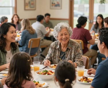 A diverse group of North American / US community members, including a family with children and an elderly woman, sharing a meal or participating in a community gathering in a bright, welcoming community center. They are engaged in conversation and smiling, conveying a sense of connection and support. Warm, inviting indoor lighting creates a sense of comfort and togetherness. The composition is a medium shot capturing several individuals interacting. The style is uplifting, genuine, and emphasizes community and well-being.