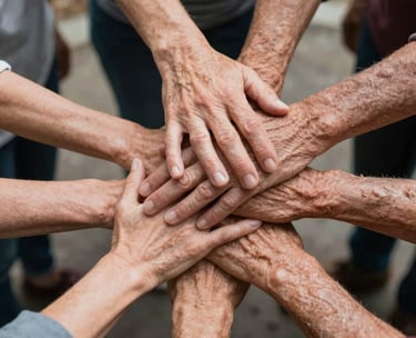Close-up of hands of different ages coming together in a North American / US community setting, symbolizing collaboration and support.