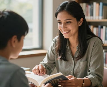 A warm, authentic photograph of a young adult North American / US woman, likely a mentor, smiling gently as she helps a North American / US student with a textbook in a modern, well-lit library setting. The student looks engaged and focused. Soft, natural daylight streams in from a large window, creating a serene and inviting atmosphere. The composition is an over-the-shoulder shot of the mentor, with the student's face visible and the background of bookshelves slightly blurred. The style is candid, compassionate, and hopeful.