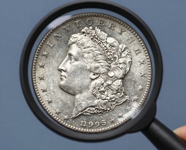 A professional close-up of a silver Morgan dollar being inspected with a magnifying glass, sharp focus on the coin's texture, slate blue background.