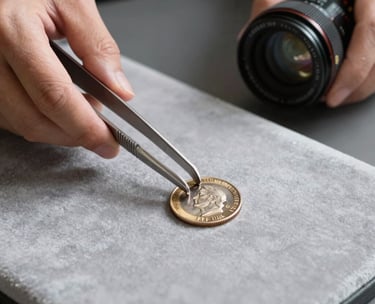 A high-resolution photograph of a coin collector's hands using silver tongs to carefully place a coin on a light gray velvet surface, North American / US office context.