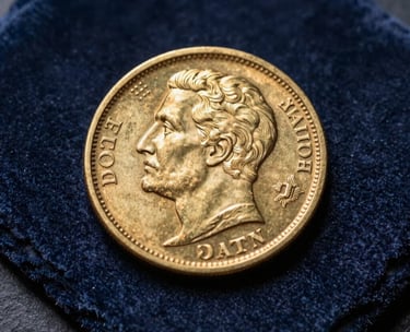 An extreme close-up photograph of a historic gold coin resting on a dark slate blue velvet cloth, capturing the intricate details and warm gold glow in a professional studio setting.