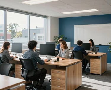 A vibrant, modern office interior in Saint John, Canada, featuring clean lines, light wood furniture, and accents of blue-grey and navy. The atmosphere is professional and collaborative with natural North American daylight.