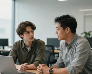 A professional mentor and a young founder discussing a business strategy in a modern Canadian office. The lighting is soft and natural, emphasizing an approachable and inspiring mentorship atmosphere.