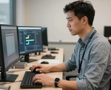 A digital entrepreneur in a professional Canadian setting, working with high-tech equipment, symbolizing the innovation and tools provided by the Ministry of Entrepreneurs.
