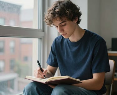 Candid photograph of a young person in a casual North American urban apartment, peacefully writing in a journal near a large window. Soft, natural lighting. Colors: Medium Navy, Steel Blue, and Pale Gray.