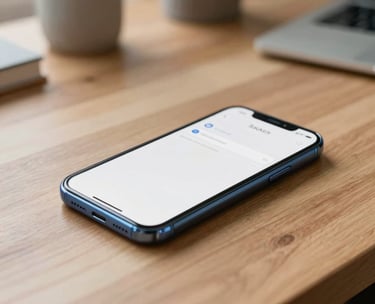 A close-up shot of a modern smartphone resting on a wooden desk in a bright North American home office, the screen displaying a clean and friendly user interface. Soft morning light creates an empathetic and safe atmosphere. Palette includes Steel Blue and Off White.