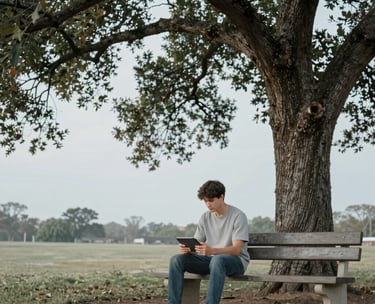 A serene North American outdoor setting, a young adult sitting on a park bench under a large oak tree, looking calmly at a digital tablet. The composition is wide and peaceful, using Pale Gray and Light Aqua tones to convey a sense of modern well-being.