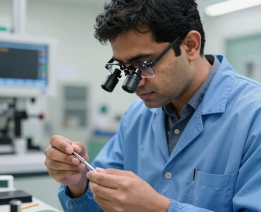 A professional South Asian technician wearing a clean blue lab coat and magnifying glasses, carefully inspecting a surgical instrument in a bright, modern Pakistani manufacturing facility.