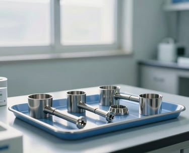 A clean, modern medical manufacturing environment in Pakistan, focusing on a bright, sterile lab workspace where stainless steel surgical components are arranged on a blue medical tray, cool morning light from a high window.