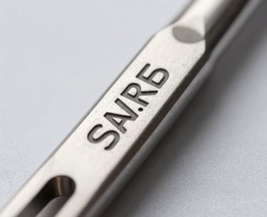 Close-up photography of a laser-engraved logo on a stainless steel surgical instrument, showing crisp detail and professional finish under bright studio lighting.