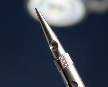 Extreme close-up of a precision-engineered neurosurgical burr, showcasing the intricate texture of the steel, set against a dark navy blue background with soft focus medical lights in the distance.