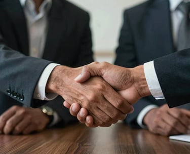 Close up of South Asian business partners shaking hands across a meeting table, professional and trustworthy mood.