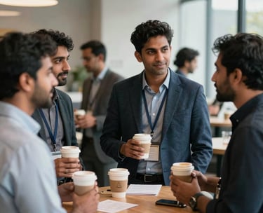 A networking event with South Asian professionals engaging in conversation over coffee, smart casual attire.
