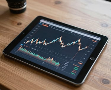 Digital tablet displaying financial growth charts on a wooden desk, clean and modern corporate aesthetic.