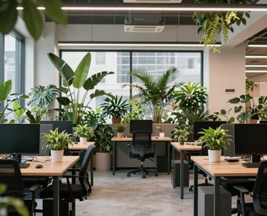 A bright co-working space interior with lush green plants and modern desks.
