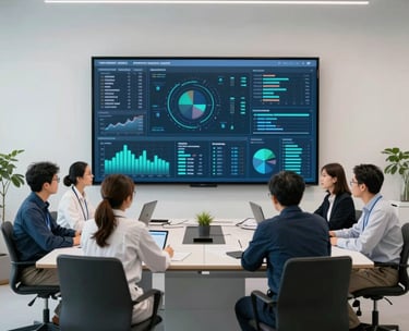 An interior shot of a minimalist, high-tech collaborative workspace where professional researchers are engaged in a meeting. A large digital screen displays data visualizations in steel blue and teal. Clean, bright, and professional lighting in a North American setting.