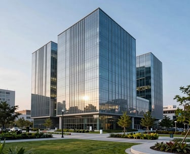 A wide-angle photograph of a sleek, glass-fronted modern research facility in a North American tech hub. The building reflects a bright blue sky, surrounded by well-kept urban greenery. Professional, high-end architectural photography with soft morning light.