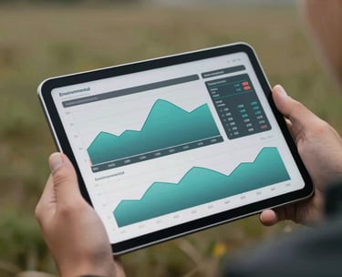 A close-up of a tablet screen showing real-time environmental data graphs in shades of teal and gray, held by a person in professional attire in an outdoor field setting.