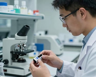 A professional scientific researcher in a clean lab environment, focusing on a wearable sensor device. Soft focus on the background showing teal and steel blue laboratory equipment. Professional photography in a North American setting.