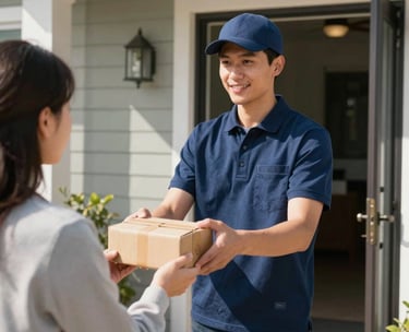 A professional courier in a navy blue uniform handing a small package to a customer at a sunny North American suburban home entrance. High-quality photography, bright daylight, conveying modern efficiency and reliability.