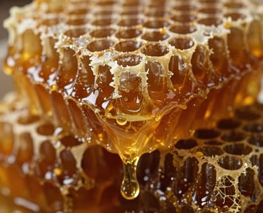 A detailed macro photograph of natural wax honeycomb dripping with thick, warm golden honey nectar. Soft sunlight catches the golden amber liquid as it slowly drips. Earthy brown and deep amber tones, natural light, crisp focus on honey droplets.