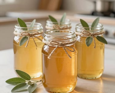 A close-up photograph of several elegant glass favor jars filled with clear warm golden honey, decorated with simple twine and botanical sage green sprigs. Bright daylight in an airy, cream-toned kitchen setting.