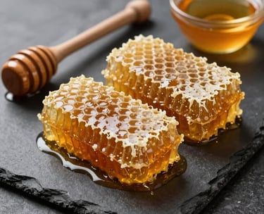 A photograph of freshly harvested honeycomb pieces laid out on a dark charcoal brown slate board alongside a wooden honey dipper and small bowls of raw honey. Soft natural side lighting highlighting rich amber tones.