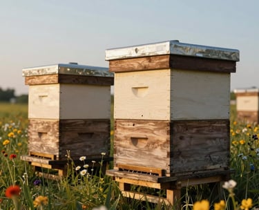 A photograph of a North American / US apiary in a sunny rural meadow with colorful wildflowers. Wooden bee hives in muted earthy brown and cream stand under a clear sky. Warm morning lighting with soft golden glow.