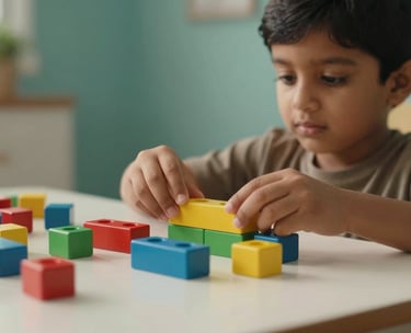 A focused shot of a South Asian child's hands working with colorful educational blocks on a white table, warm natural light, soft teal background.
