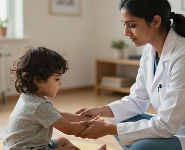 A professional South Asian therapist guiding a young child through a sensory integration exercise, soft natural lighting, reassuring atmosphere.