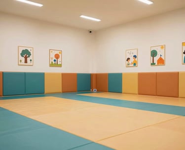 A brightly lit, safe indoor play area in a Hyderabad facility with soft amber and teal floor mats and educational wall art, South Asian interior style.