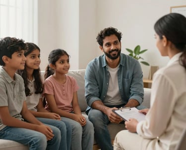 A South Asian family sitting in a bright counseling room, talking with a professional therapist, warm and supportive lighting.