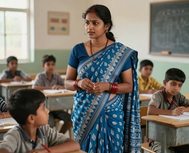 A medium shot of a South Asian woman in a blue and white patterned saree teaching a group of children in a modern, well-lit rural classroom in Chhotaudepur.