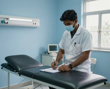 A bright, clean medical examination room in a rural South Asian clinic with blue walls and a professional atmosphere of care.