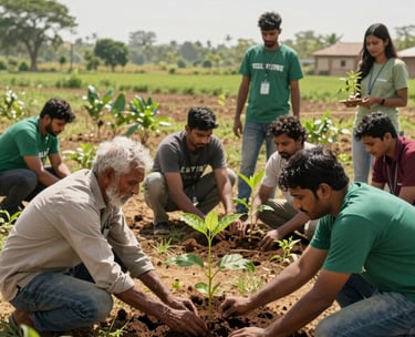 A group of South Asian community members and volunteers planting indigenous saplings in a sunlit field, symbolizing environmental sustainability and rural growth.