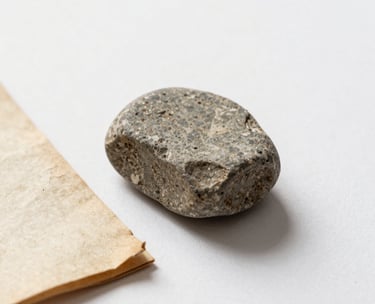 Macro photography of textures including aged paper and a rough stone paperweight on a clean white surface, minimalist and artistic composition with soft shadows.