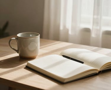 Close-up of a minimalist writing desk with a single ceramic mug and an open notebook. Soft, natural South American sunlight filtering through linen curtains, warm neutral tones.