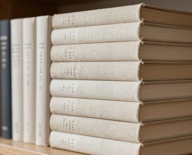Stack of linen-bound books on a wooden shelf, very clean and organized, editorial aesthetic, soft neutral colors like cream and stone.