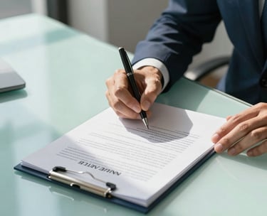 A focused shot of a professional's hand signing a legal document in a sun-drenched office. The setting is clean and sophisticated with turquoise and charcoal navy details, North American / US professional environment.