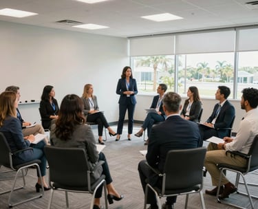 A wide shot of a modern training seminar room in Florida, with professional consultants engaging in a collaborative session. Bright, airy atmosphere, North American / US corporate style.