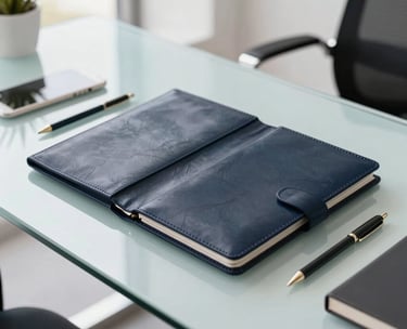 A high-angle photograph of a modern glass desk in a bright Florida office, featuring a professional leather portfolio and high-end stationery. Soft natural light, North American / US style, with charcoal navy and white accents.