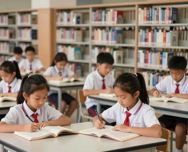 A well-organized school library with shelves of books, low tables for children, and Southeast Asian students in white and red uniforms reading quietly, professional photography.